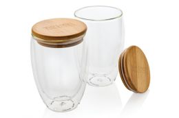 Set of double-walled drinking glasses with bamboo lid 350ml