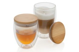 Set of double-walled drinking glasses with bamboo lid 250ml