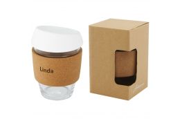 360 ml glass tumbler with cork grip and silicone lid